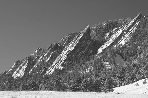 Flatirons Art Print featuring the photograph Snow Powder Dusted Flatirons Boulder CO BW by James BO Insogna