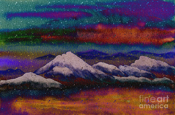Snowy Mountains Art Print featuring the mixed media Snowy Mountains on a Colorful Winter Night by Beverly Claire Kaiya
