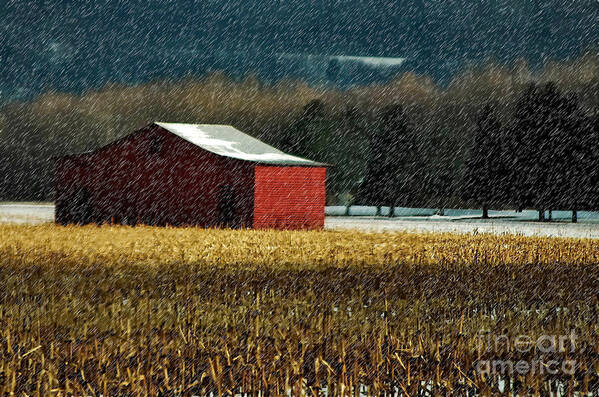 Barn Art Print featuring the photograph Snowy Red Barn In Winter by Lois Bryan