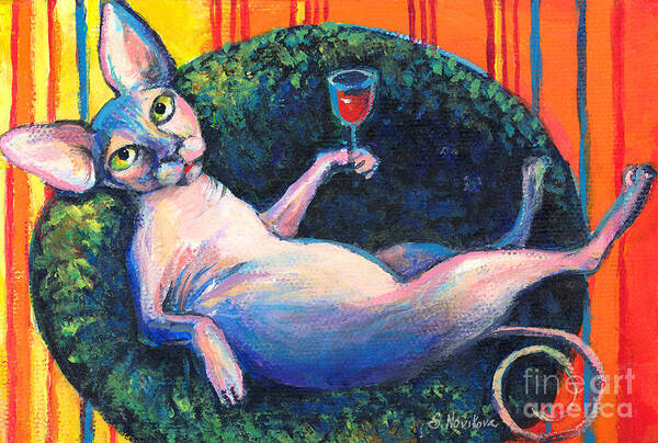 Sphynx Cat Art Print featuring the painting Sphynx cat relaxing by Svetlana Novikova