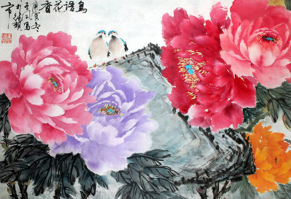 Red Peonies Art Print featuring the photograph Spring Melody by Yufeng Wang