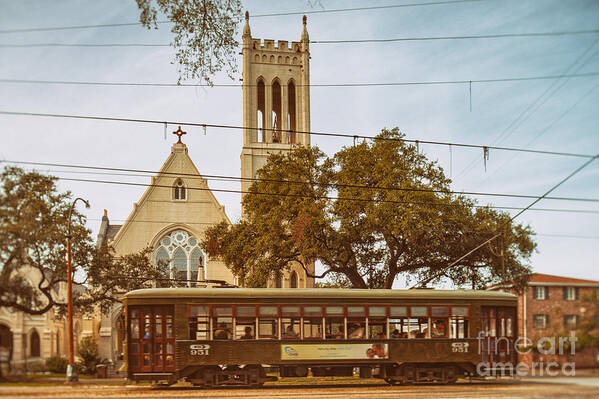 New Art Print featuring the photograph St. Charles Streetcar driving by Christ Church Cathedral in New Orleans Garden District - Louisiana by Silvio Ligutti