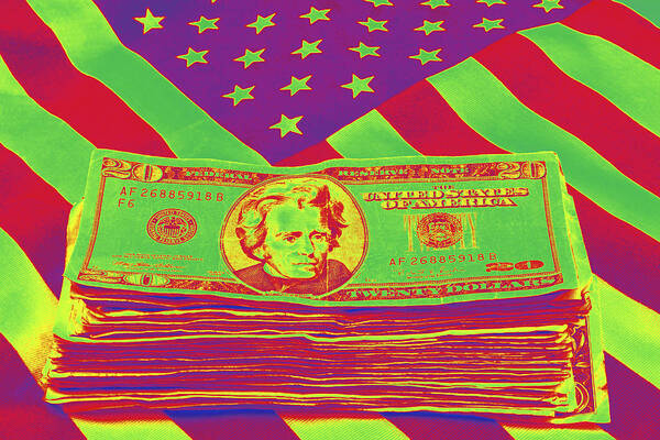 Flag Art Print featuring the photograph Stack of Money On American Flag Pop Art by Keith Webber Jr