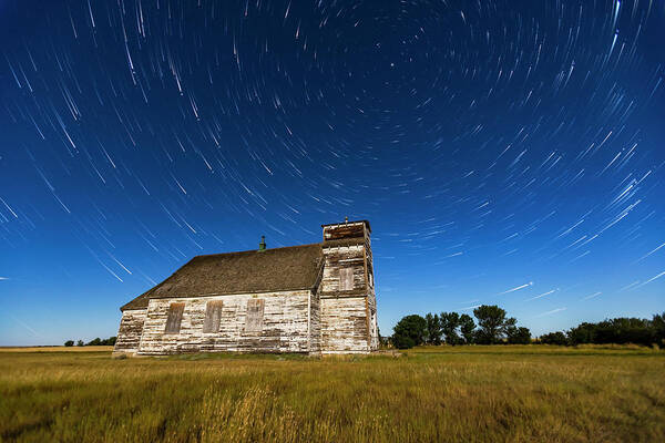 Advanced Stacker Actions Art Print featuring the photograph Star Trails Over St Anthonys Church by Alan Dyer