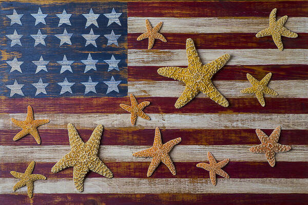 American Art Print featuring the photograph Starfish on American flag by Garry Gay
