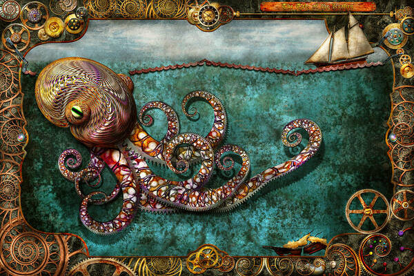 Self Art Print featuring the digital art Steampunk - The tale of the Kraken by Mike Savad