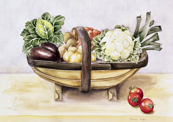 Still-life Art Print featuring the painting Still life with a trug of vegetables by Alison Cooper