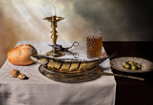 Ontbijt Art Print featuring the photograph Still Life with Fish-Bread-Olives and Snuffed Candle by Levin Rodriguez
