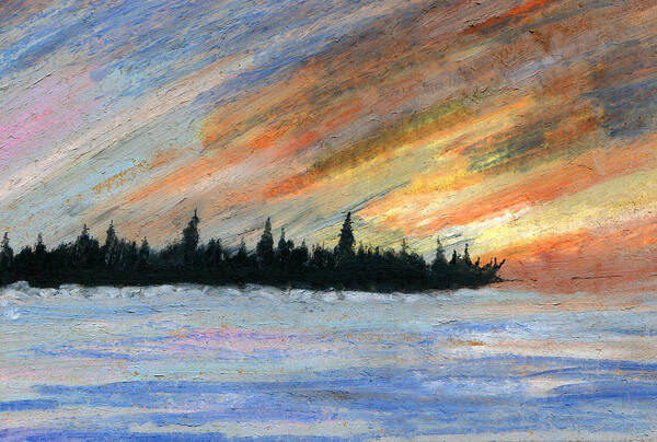 Water Storm Wind Winds Weather Strong Heavy Conditions Wintry Urgency Trees Skies Shoreline Shore Dramatic Distant Cold Atmosphere Winter Windy Windstorm Wilderness Waves Violent Vast Tree Surge Sunset Sundown Squall Spruce Skyscape Sky Silhouette Season Sea Rugged Rough Rainstorm Polar Pine Art Kyllo Oil Pastel Painting Outdoors Outdoor Orange Ocean Northern Northeast Nor'easter Natural Landscape Lake Glow Gale Forest Dust Dusk Disturbed Currents Crashing Clouds Canadian Canada Blue Blow Art Print featuring the painting Storms Gone by R Kyllo