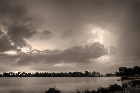Lightning Art Print featuring the photograph Summer Storm in Black and White Sepia by James BO Insogna