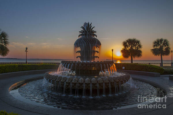 Pineapple Fountain At Waterfront Park In Downtown Charleston Sc Art Print featuring the photograph Sunrise over Downtown Charleston by Dale Powell