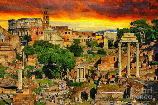 Sunset Art Print featuring the painting Sunset in Rome by Stefano Senise