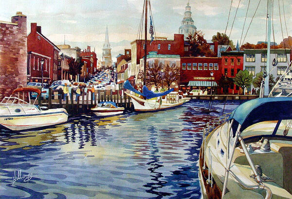 Watercolor Art Print featuring the painting Sunset on the Harbor by Mick Williams