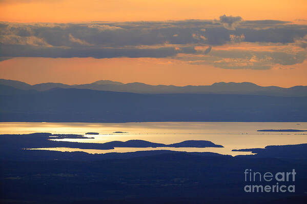 Green Mountains Art Print featuring the photograph Sunset over Lake Champlain by Don Landwehrle