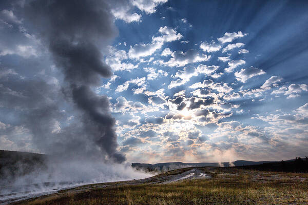 America Art Print featuring the photograph Sunset over Old Faithful - Horizontal by Andres Leon