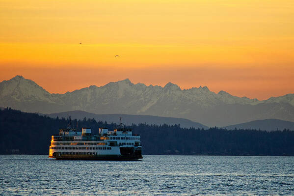 Sunset Art Print featuring the photograph Sunset over Olympic Mountains by Dan Mihai