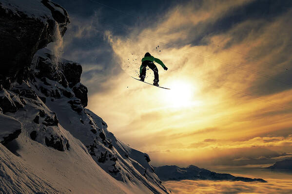 Snowboard Art Print featuring the photograph Sunset Snowboarding by Jakob Sanne