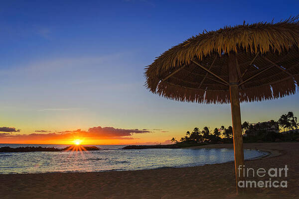 Hawaii Sunset Art Print featuring the photograph Sunset Under a Bamboo Umbrella in Hawaii by Aloha Art