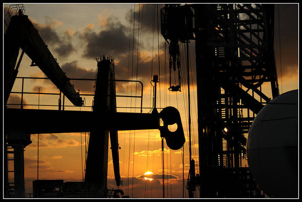 Oil Rig Art Print featuring the photograph Sunset viewed from an oil rig w border by Bradford Martin