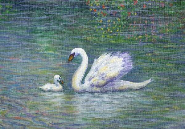 Swan Art Print featuring the painting Swan and One Baby by Linda Mears