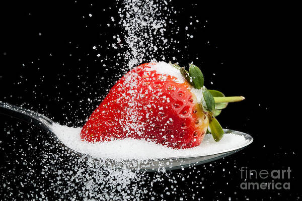 Strawberry Art Print featuring the photograph Sweet strawberry with sugar granules by Simon Bratt