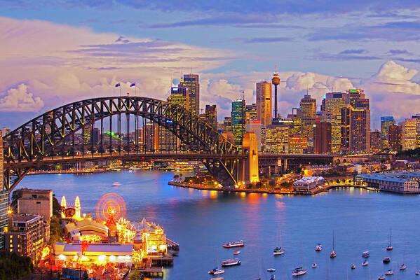 Financial District Art Print featuring the photograph Sydney Harbour Bridge And Sydney Skyline by Scott E Barbour