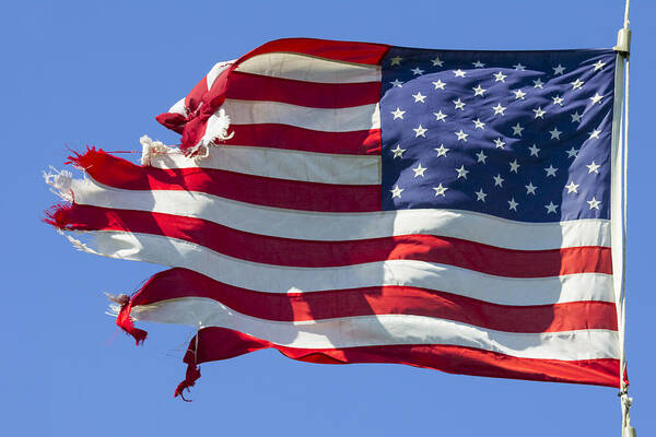 Wind Art Print featuring the photograph Tattered American Flag, Still Flying Free and Proud by JamesBrey