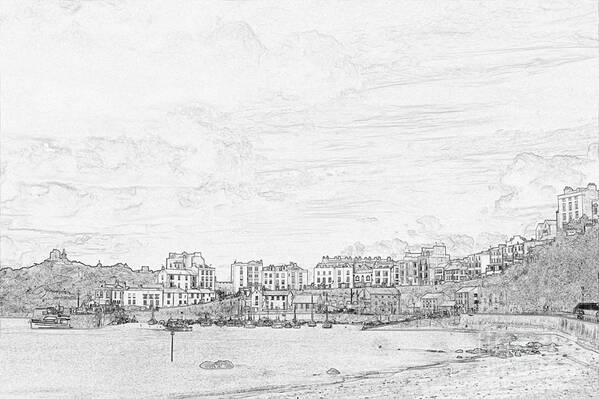 Tenby Art Print featuring the photograph Tenby Harbor Pencil Sketch 2 by Steve Purnell