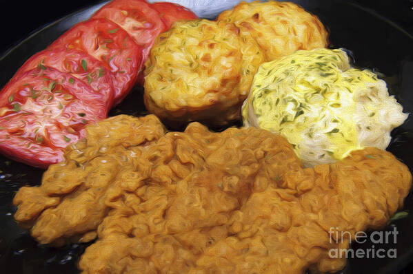 Tenderloin Art Print featuring the photograph Tenderloin Mashed Potatoes Tomatoes And Biscuits by Andee Design