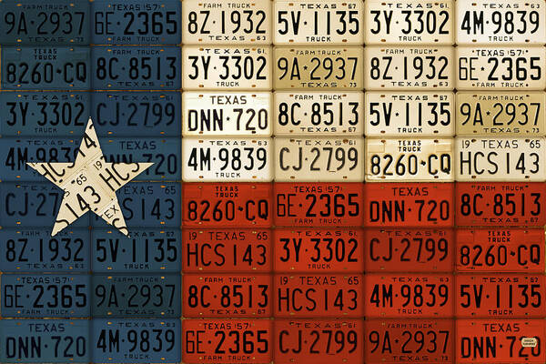 License Plate Map Art Print featuring the mixed media Texas Flag The Lone Star State License Plate Art by Design Turnpike