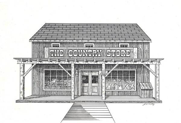 Ink Drawing Of Country Store Art Print featuring the drawing The Country Store by J W Kelly