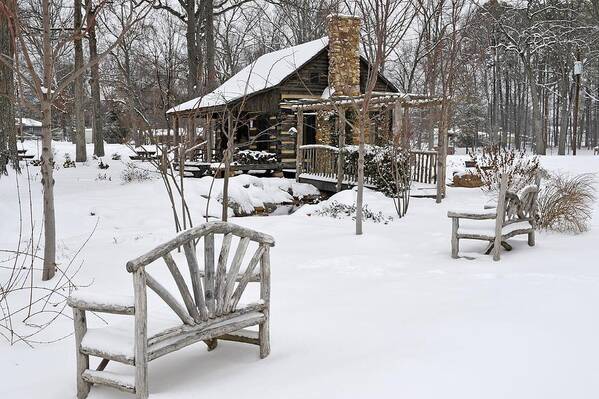 Cabin Art Print featuring the photograph The Historic Gosnell Log Cabin After A Snowfall Mauldin SC by Willie Harper