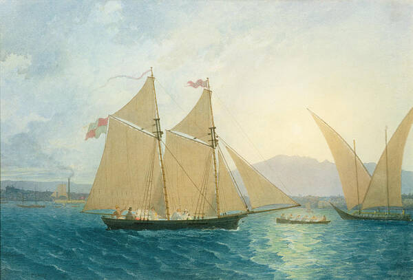 Boat; Boats; Sails; Sailing; Rowing; Flag; Yacht; Yachting; Boating; Mountains; Swiss City; Switzerland; Launching Art Print featuring the painting The Launch La Sociere on the Lake of Geneva by Francis Danby