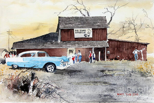 A Rustic Building On The East Side Of Coffeyville Art Print featuring the painting The Pig Stand by Monte Toon