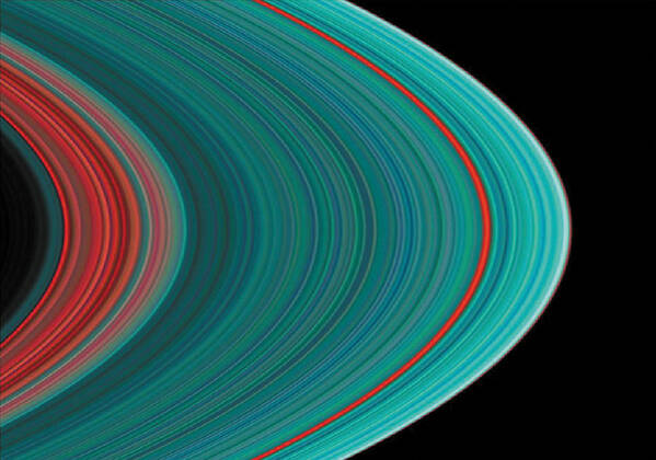 No People; Horizontal; Outdoors; Extreme Close Up; Part Of; Backgrounds; Science; Asteroid Belt; Concentric; Astronomy; Solar System; Saturn; Space; Red; Blue; Space Exploration; Cassini; Spaceship Art Print featuring the photograph The Rings of Saturn by Anonymous