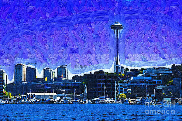 Space Needle Art Print featuring the digital art The Space Needle From Lake Union by Kirt Tisdale