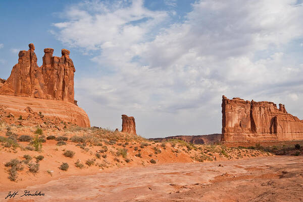 Arches National Park Art Print featuring the photograph The Three Gossips and Courthouse Tower by Jeff Goulden