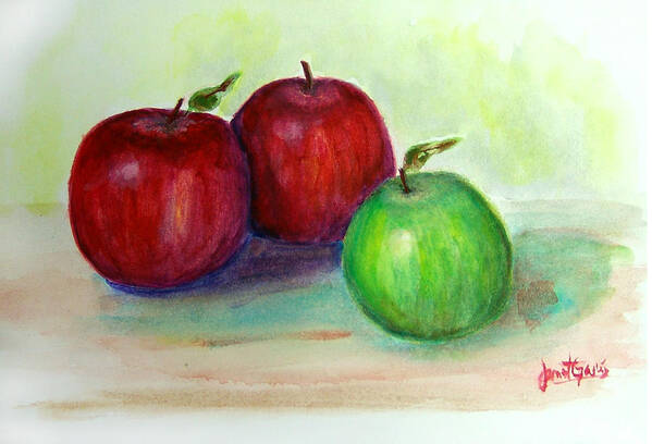 Apples Art Print featuring the painting Three Apples by Janet Garcia