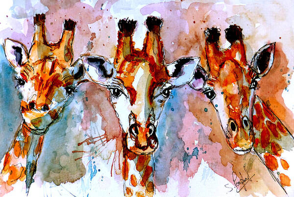 Giraffe Art Print featuring the painting Three friends by Steven Ponsford