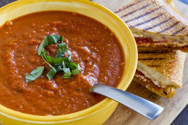 Italian Art Print featuring the photograph Tomato and Basil Soup with Grilled Cheese Panini by Teri Virbickis