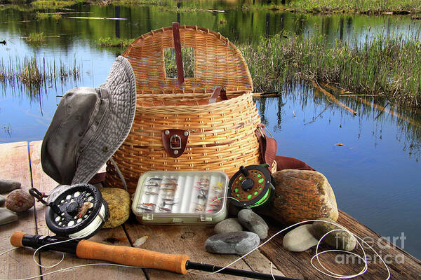 Activity Art Print featuring the photograph Traditional fly-fishing rod with equipment by Sandra Cunningham