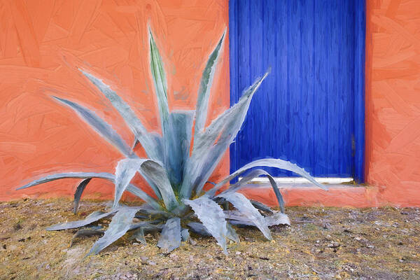 Arizona Art Print featuring the photograph Tucson Barrio Blue Door Painterly Effect by Carol Leigh