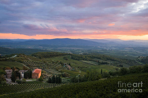 Europa Art Print featuring the photograph Tuscan farmhouse landscape in evening light by Peter Noyce