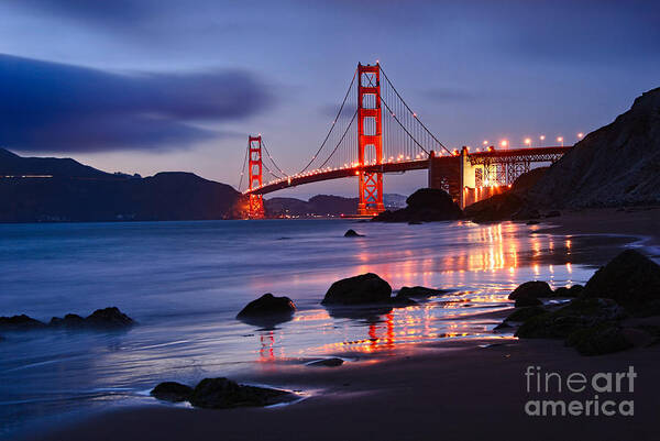 Golden Gate Bridge Art Print featuring the photograph Twilight - Beautiful sunset view of the Golden Gate bridge from Marshalls Beach. by Jamie Pham