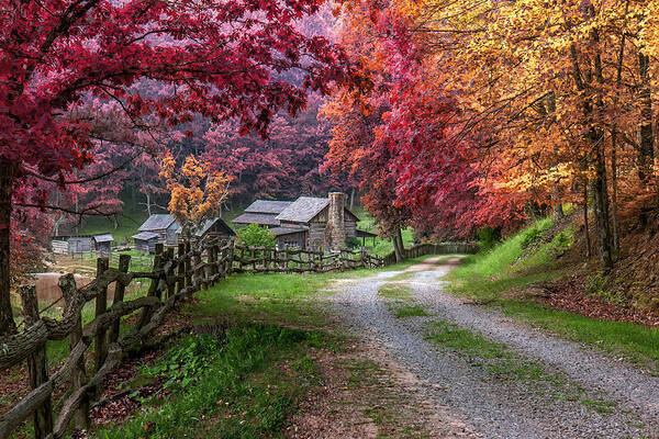 Twin Falls State Park In Autumn Art Print featuring the photograph Twin Falls State Park by Mary Almond