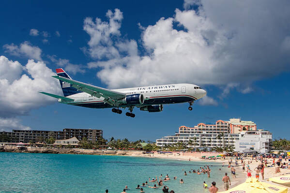 Us Art Print featuring the photograph U S Airways landing at St. Maarten by David Gleeson