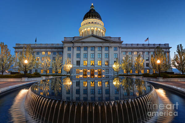 Utah State Capitol Art Print featuring the photograph Utah State Capitol in Reflecting Fountain at Dusk by Gary Whitton