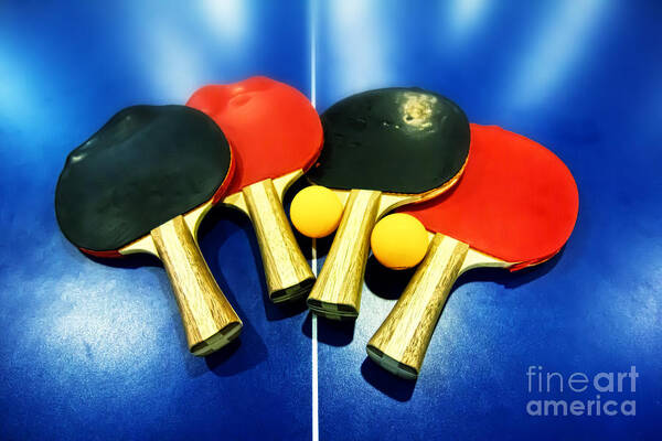Ping-pong Art Print featuring the photograph Vibrant Ping-pong Bats Table Tennis Paddles Rackets on Blue by Beverly Claire Kaiya