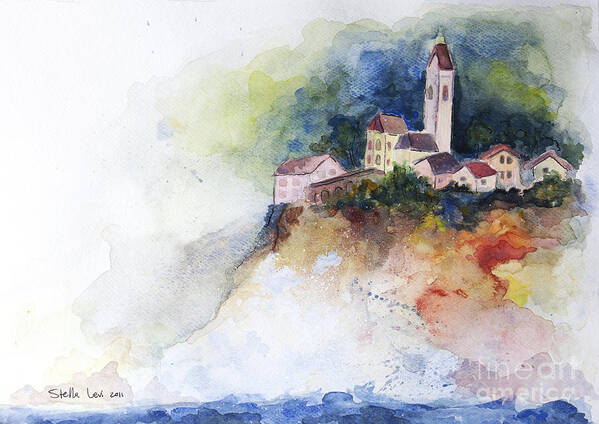 Watercolor Art Print featuring the painting Village by the sea by Stella Levi