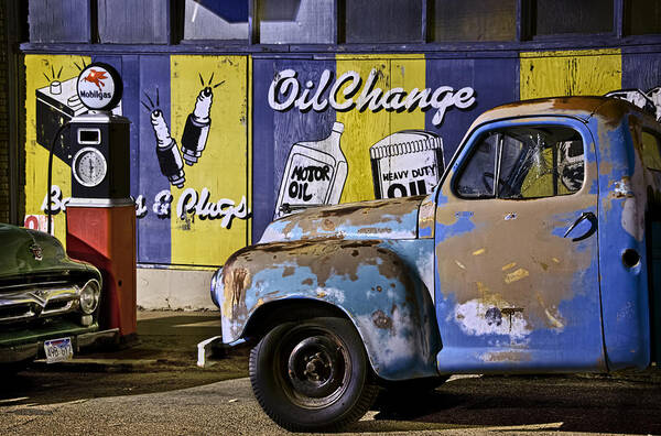 Pickup Art Print featuring the photograph Vintage Blue Pickup and Gas station near Bisbee AZ by Dave Dilli